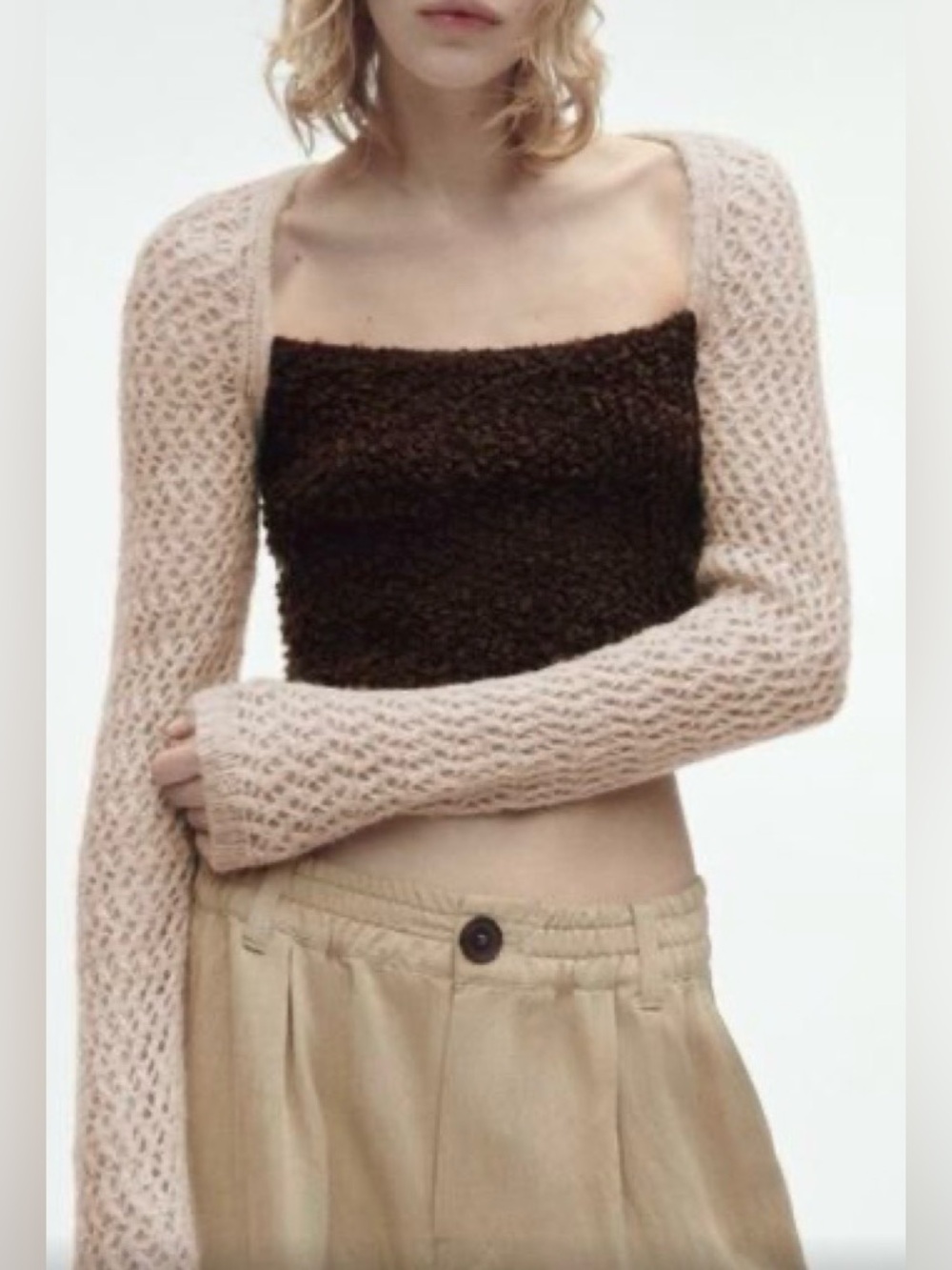 Zara Pale Tan Knit Cropped Shrug